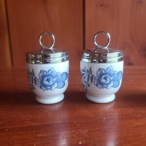 Royal Worcester Porcelain "Rhapsody" Egg Coddlers, Set of 2, England, Blue White